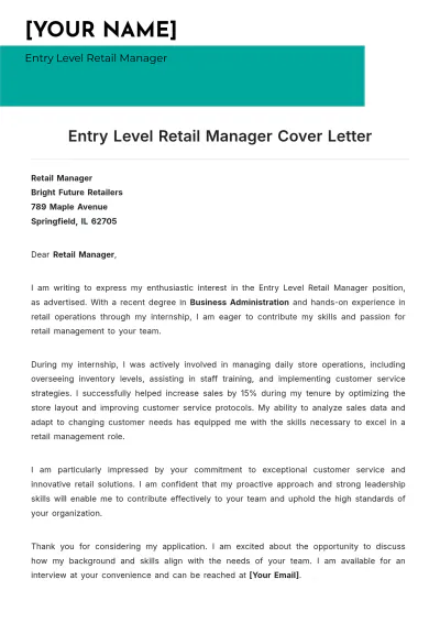 Free Entry Level Retail Manager Cover Letter to Edit Online