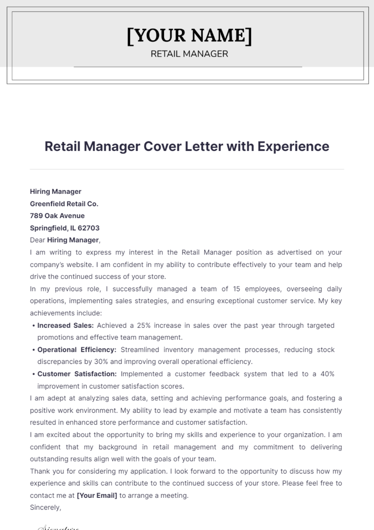 Retail Manager Cover Letter with Experience - Edit Online & Download