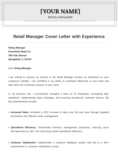 Free Retail Manager Cover Letter with Experience to Edit Online