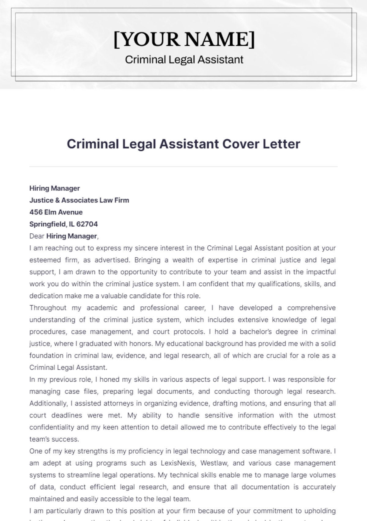 Criminal Legal Assistant Cover Letter - Edit Online & Download