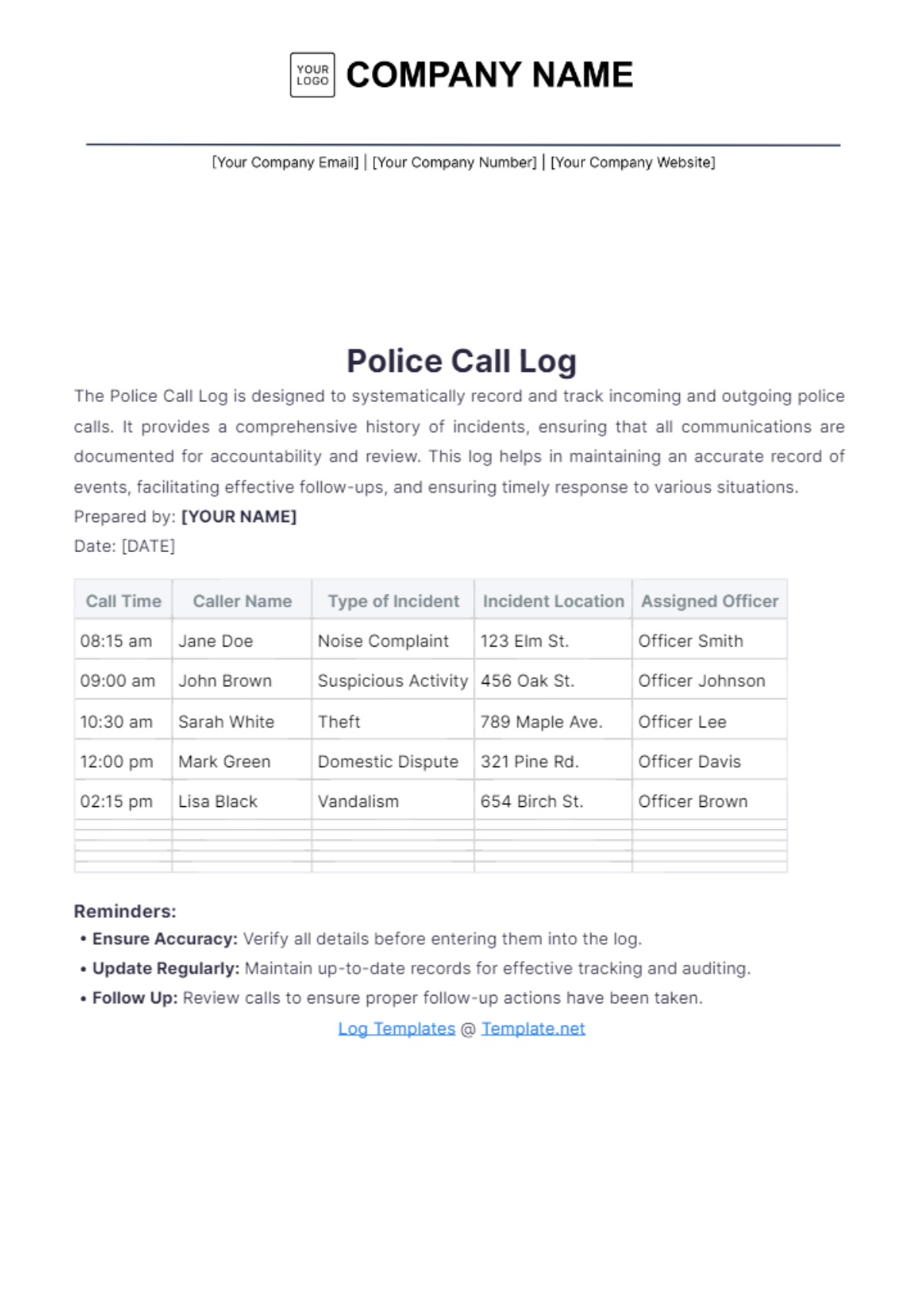 Police Call Log Template - Edit Online & Download