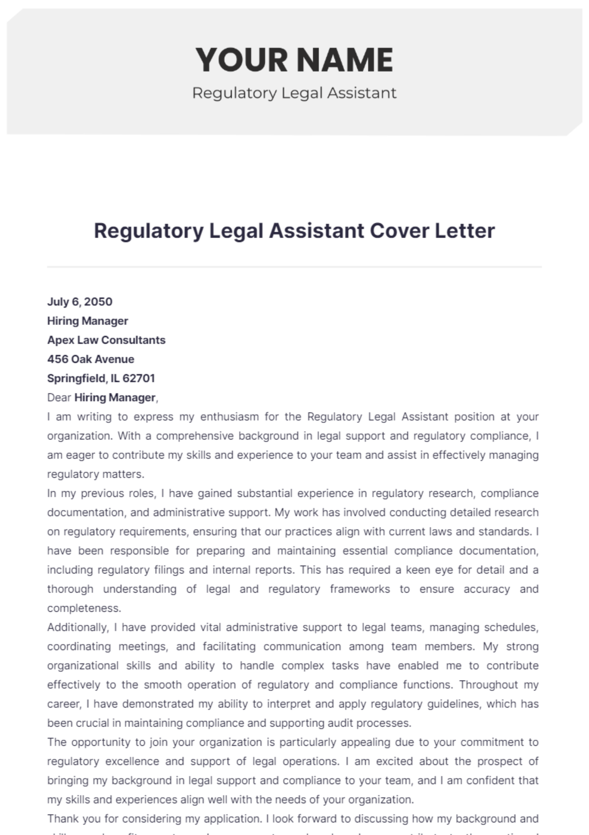 Regulatory Legal Assistant Cover Letter - Edit Online & Download