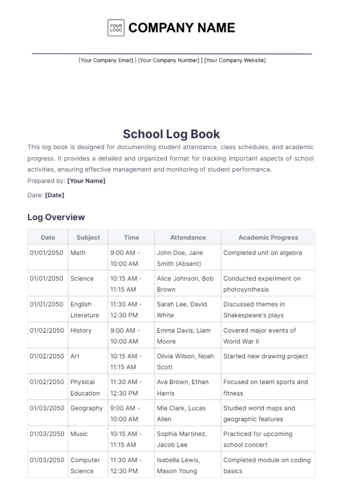 School Log Book Template - Edit Online & Download