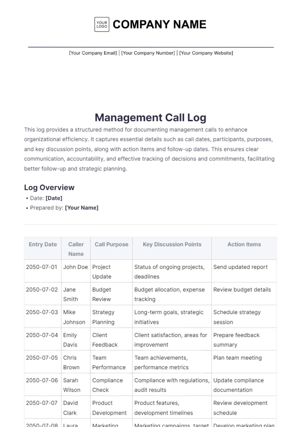 Management Call Log Template - Edit Online & Download