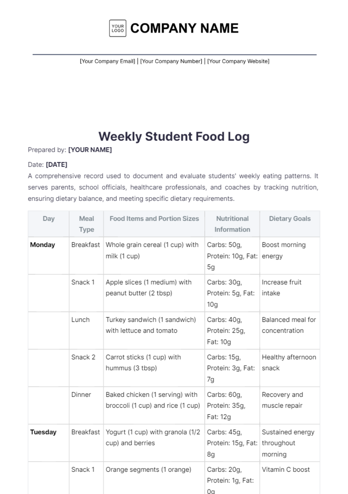 Weekly Student Food Log Template - Edit Online & Download