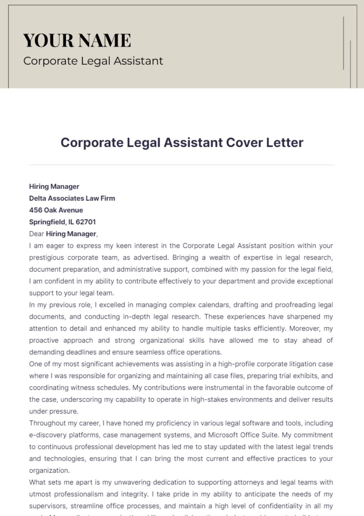 Corporate Legal Assistant Cover Letter - Edit Online & Download