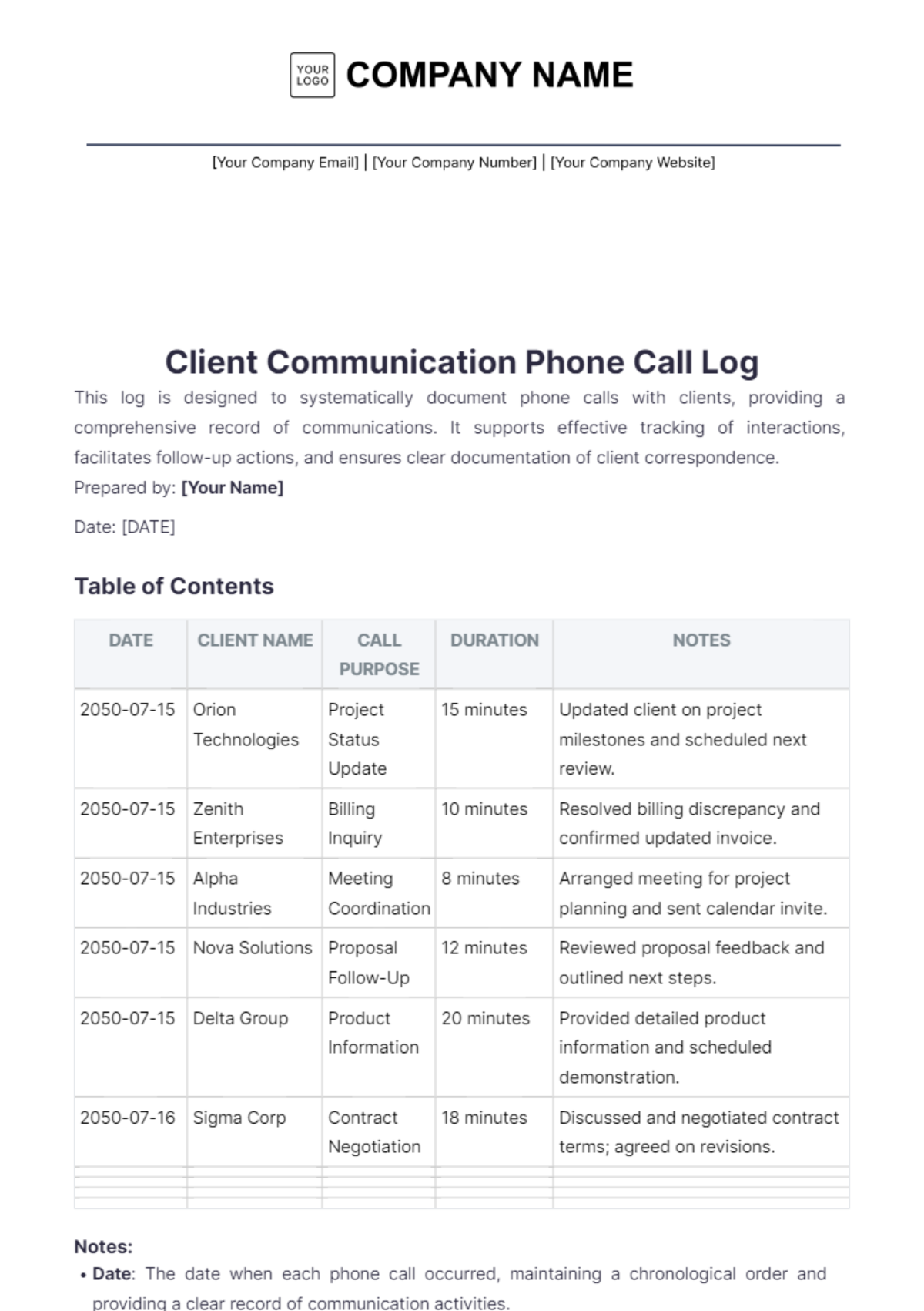 Call Log Notebook Template - Edit Online & Download