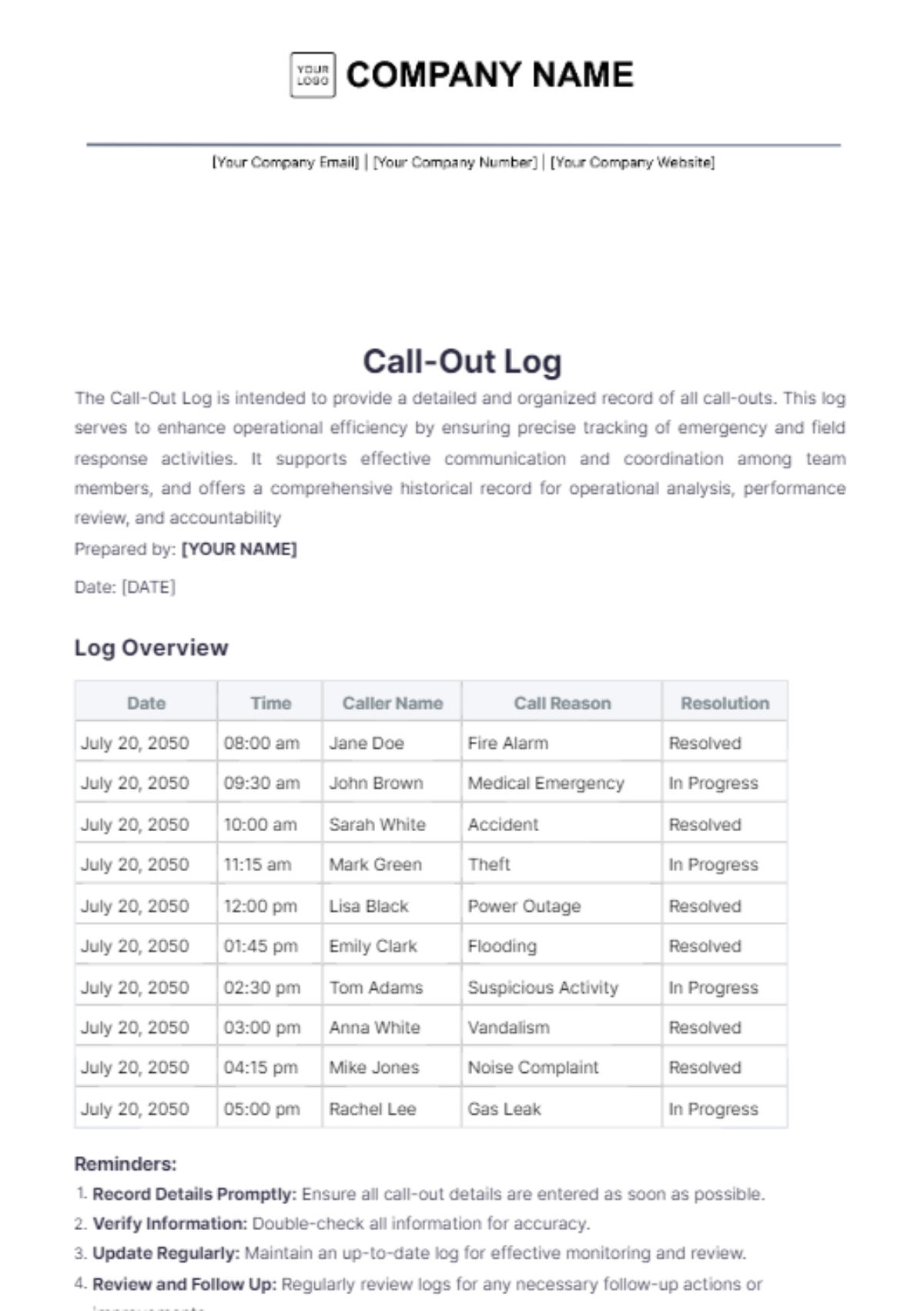 Call-Out Log Template - Edit Online & Download