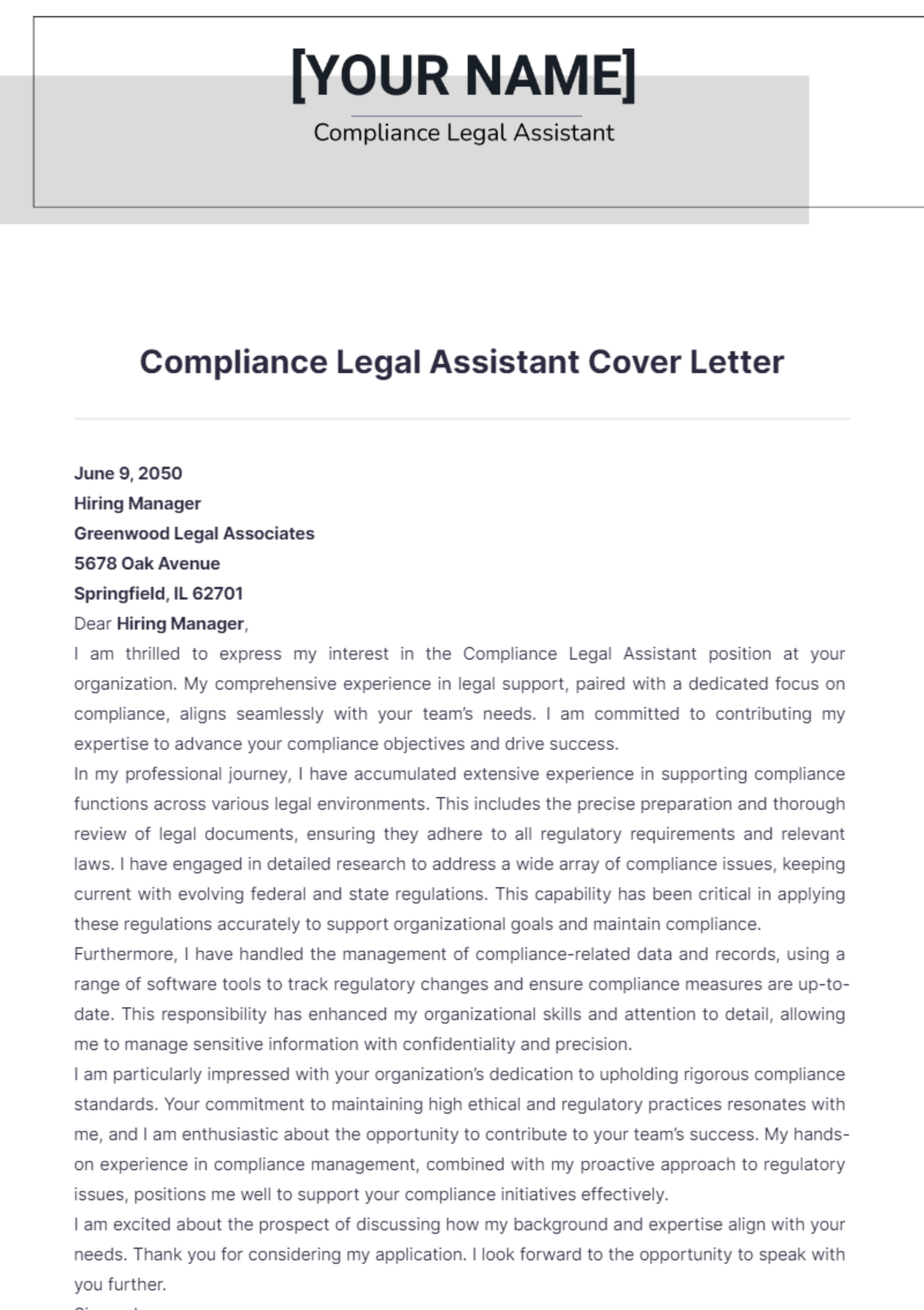 Compliance Legal Assistant Cover Letter - Edit Online & Download