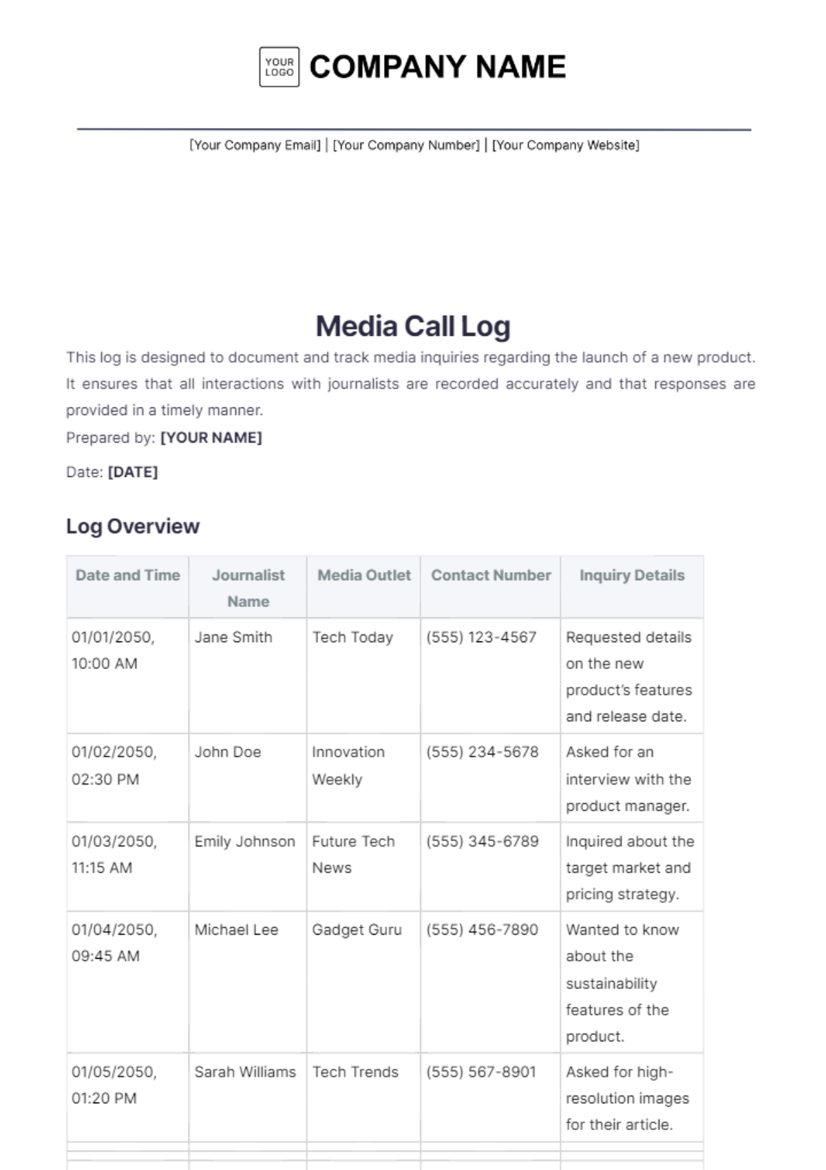 Media Call Log Template - Edit Online & Download