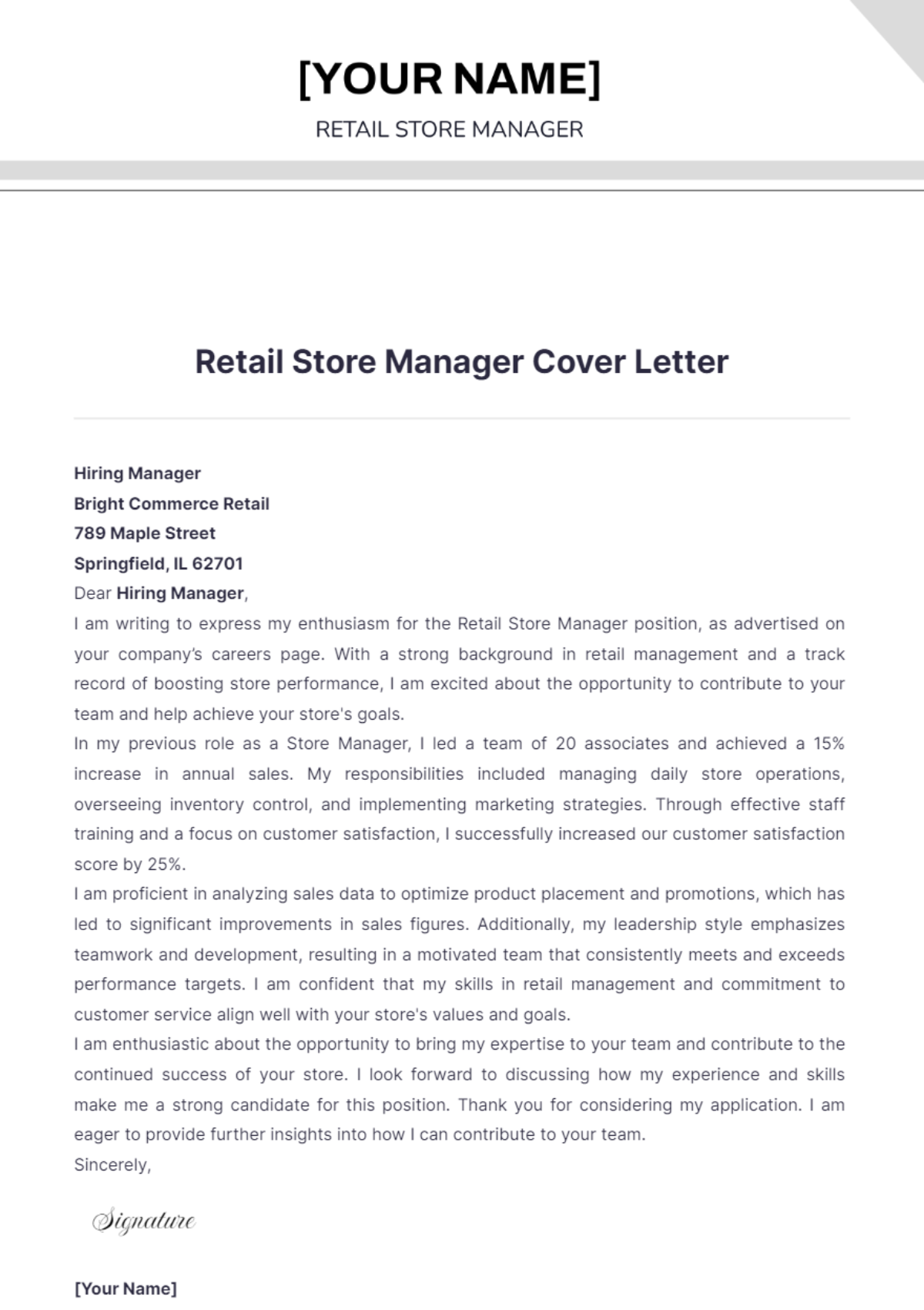 Retail Store Manager Cover Letter - Edit Online & Download