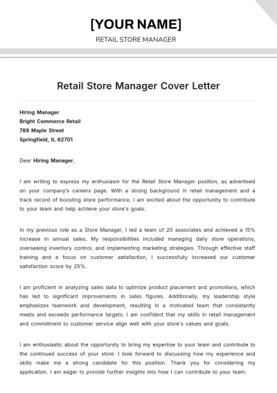 Free Retail Store Manager Cover Letter to Edit Online