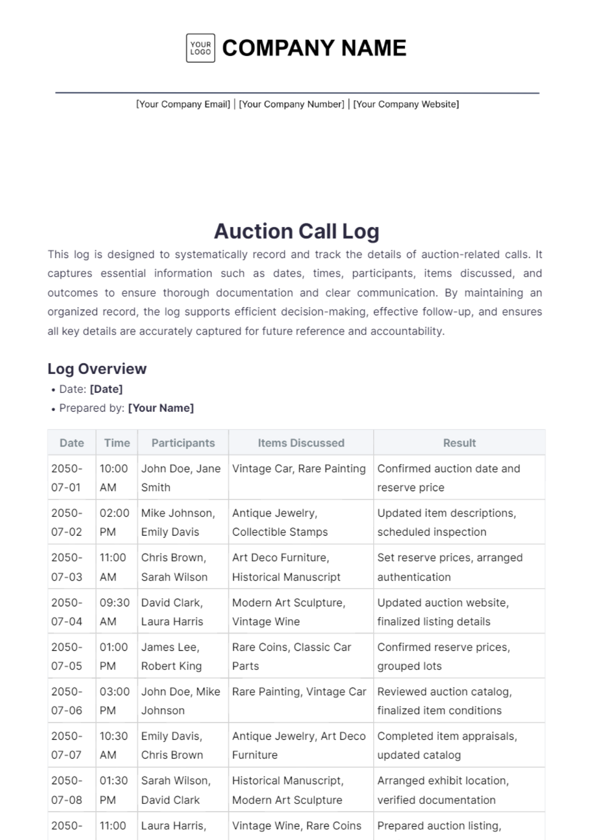 Auction Call Log Template - Edit Online & Download