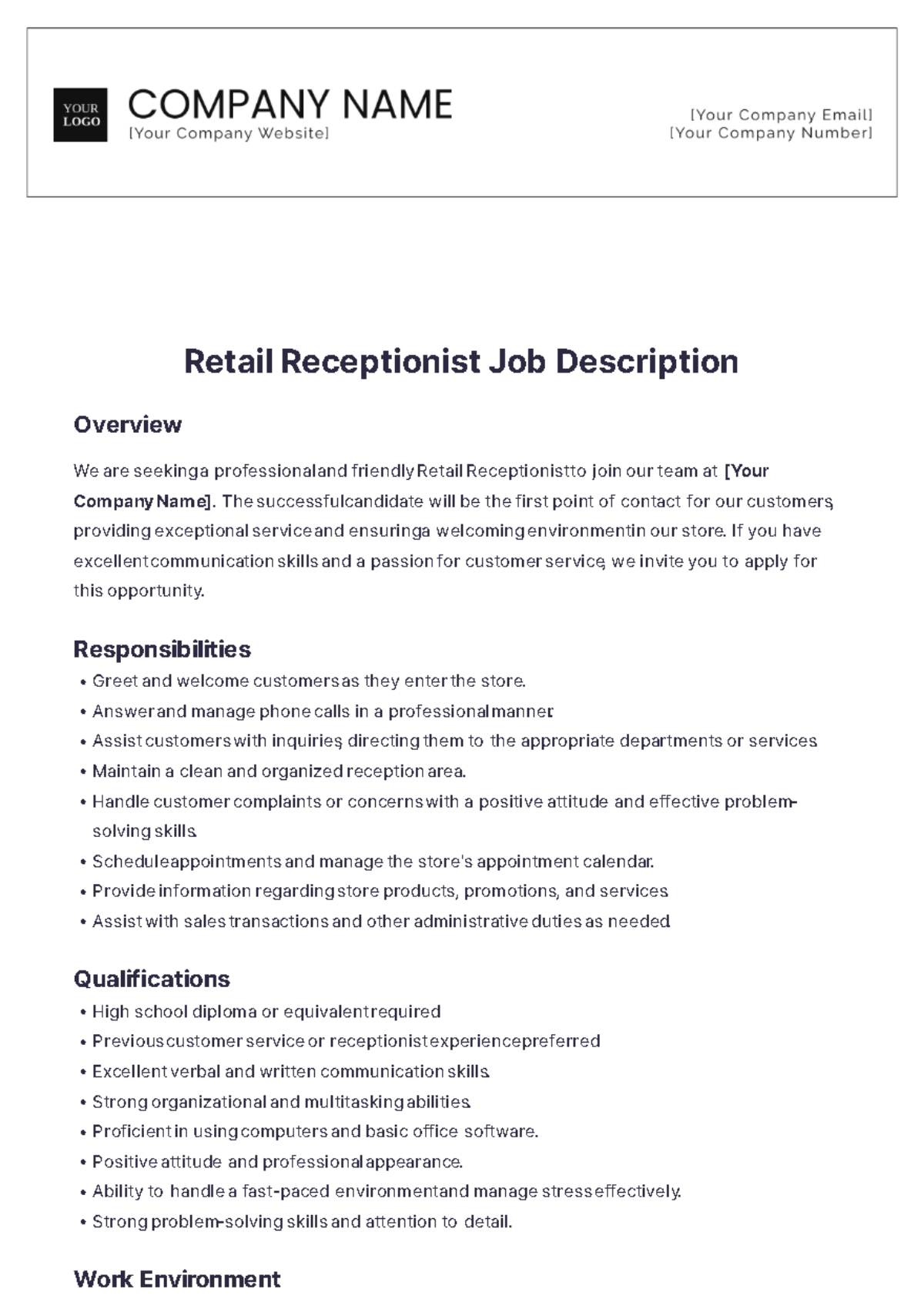 Retail Receptionist Job Description Template - Edit Online & Download