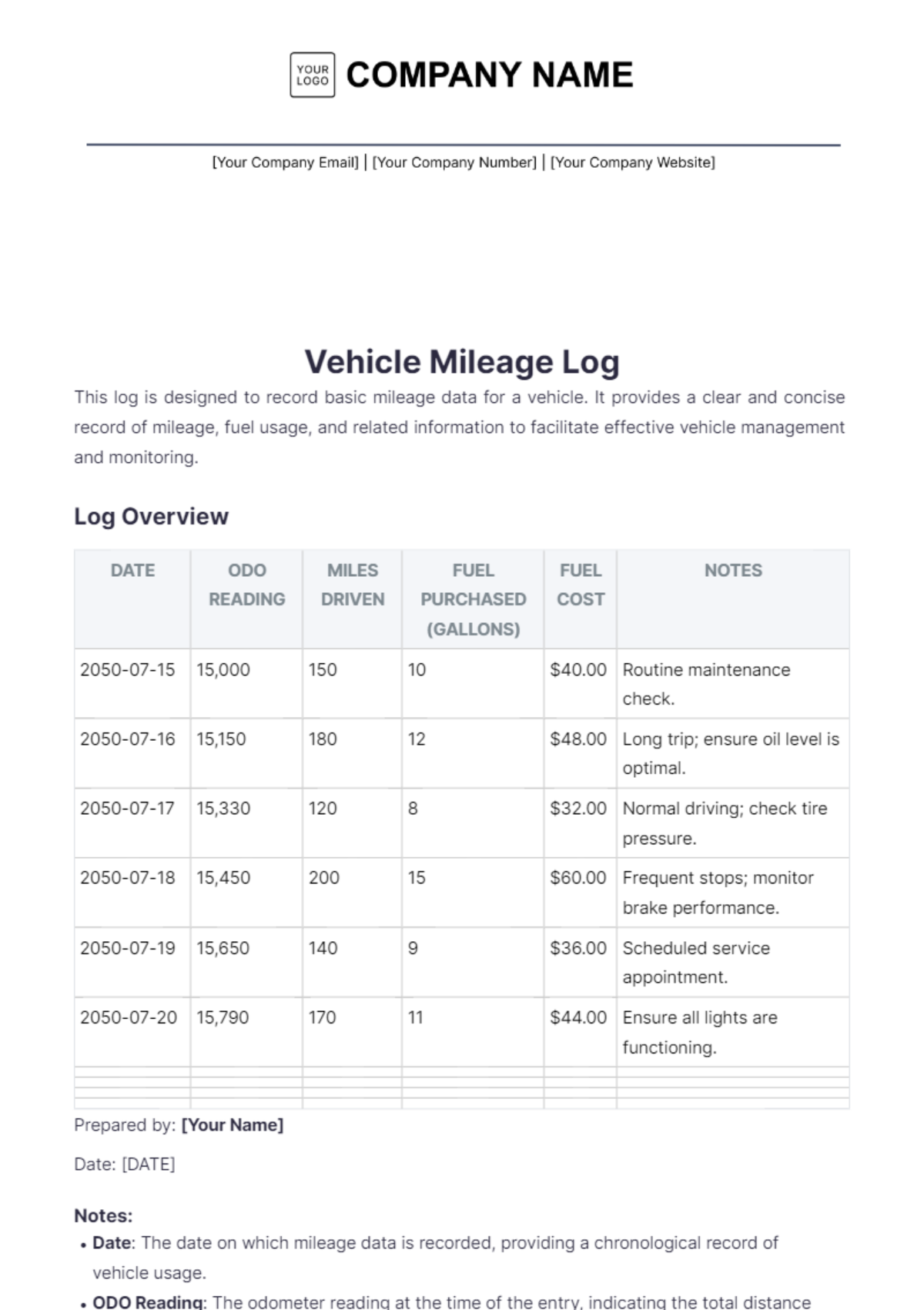 Vehicle Mileage Log Book Template - Edit Online & Download