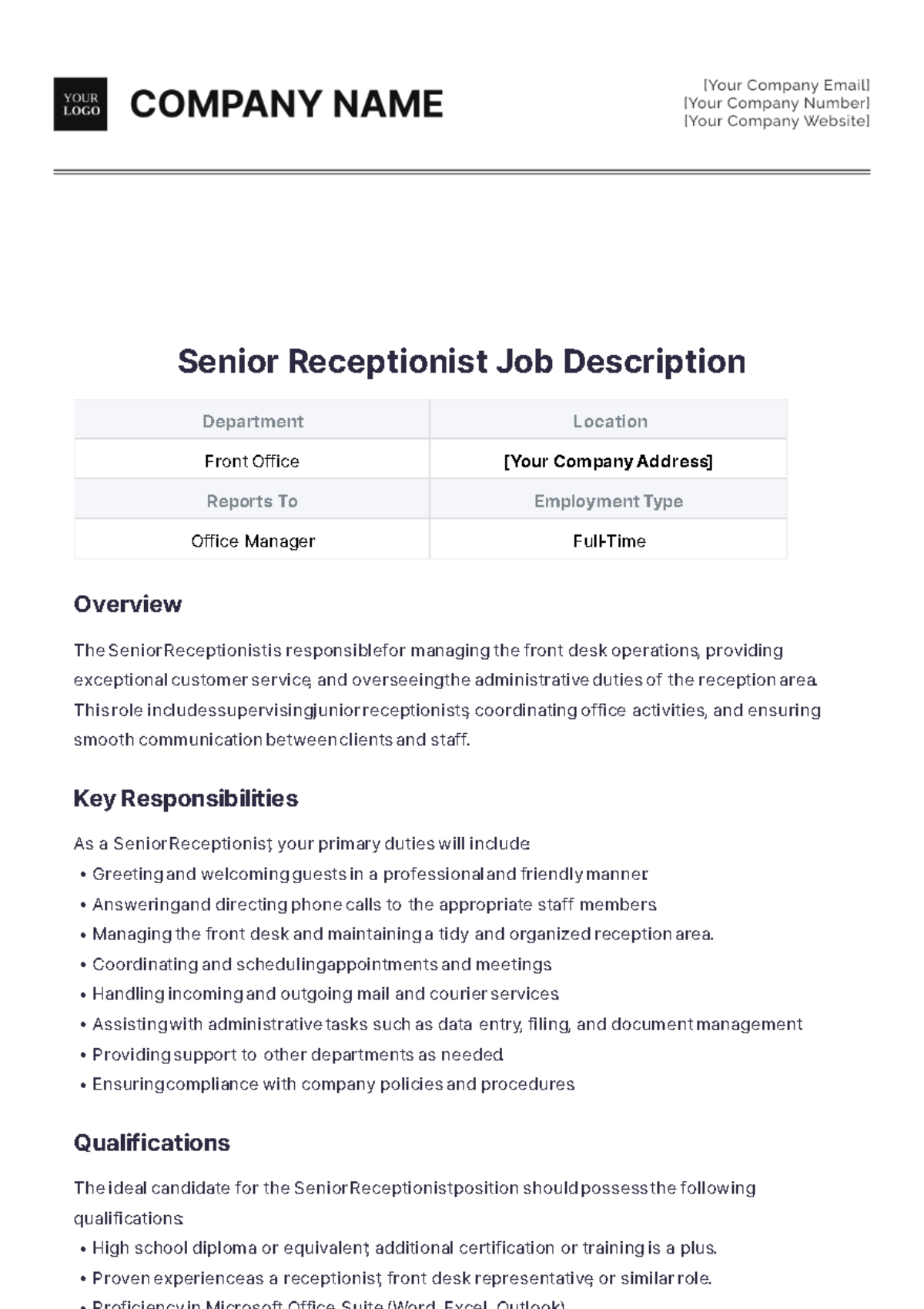 Senior Receptionist Job Description Template - Edit Online & Download