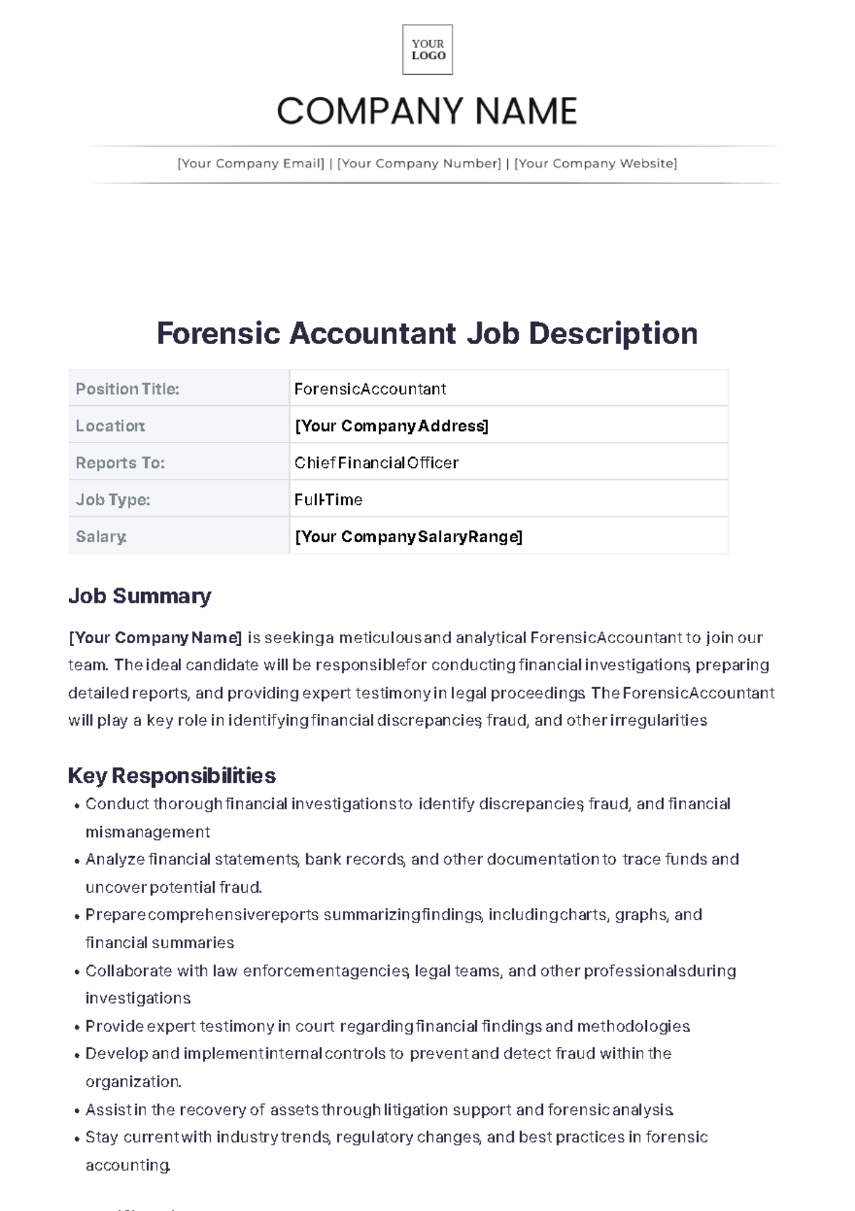 Forensic Accountant Job Description Template - Edit Online & Download