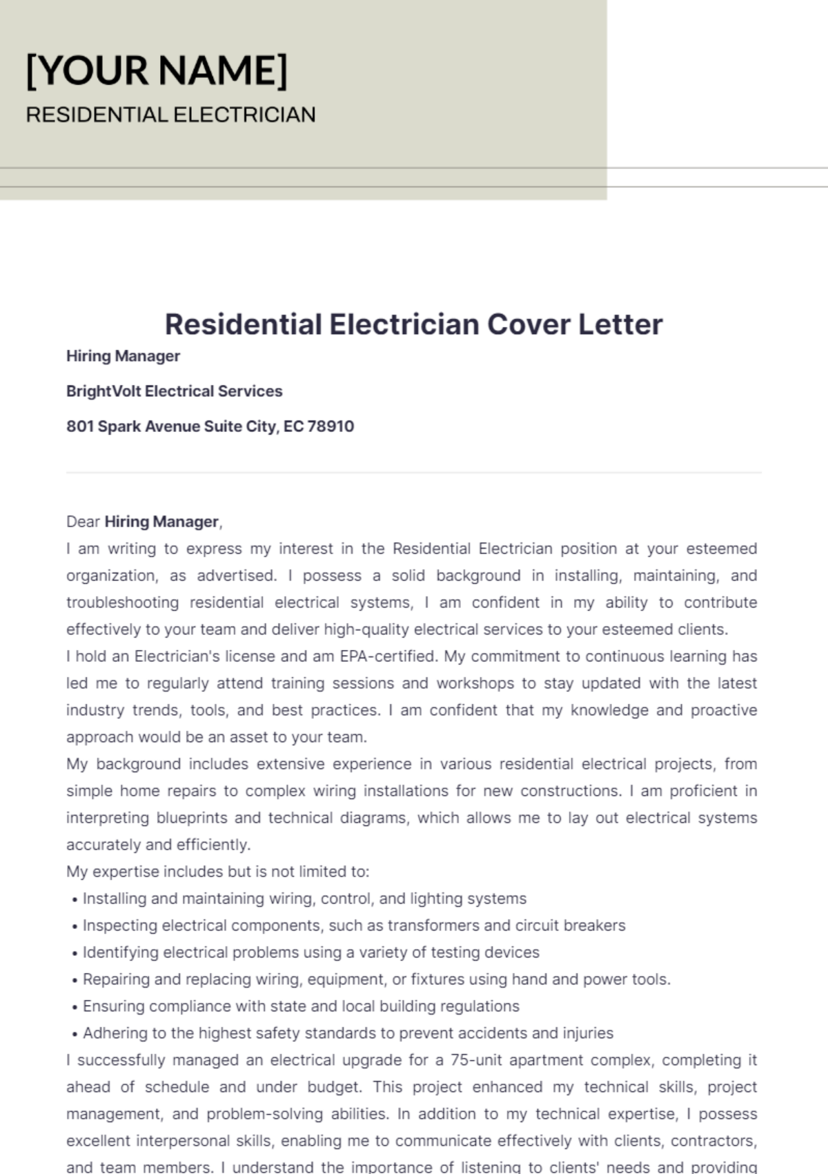 Residential Electrician Cover Letter - Edit Online & Download