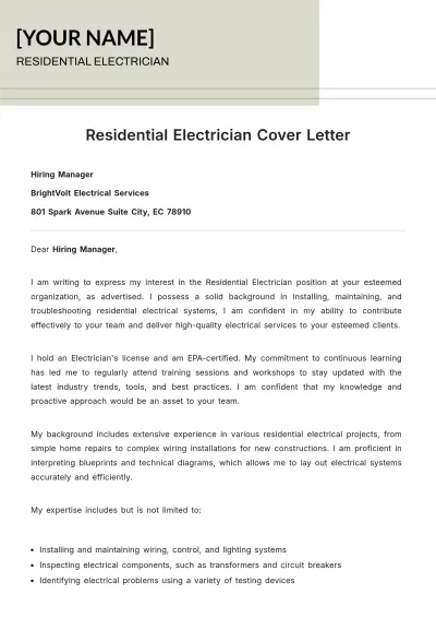 Free Residential Electrician Cover Letter to Edit Online