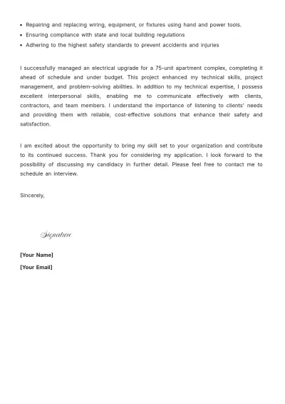 Free Residential Electrician Cover Letter to Edit Online