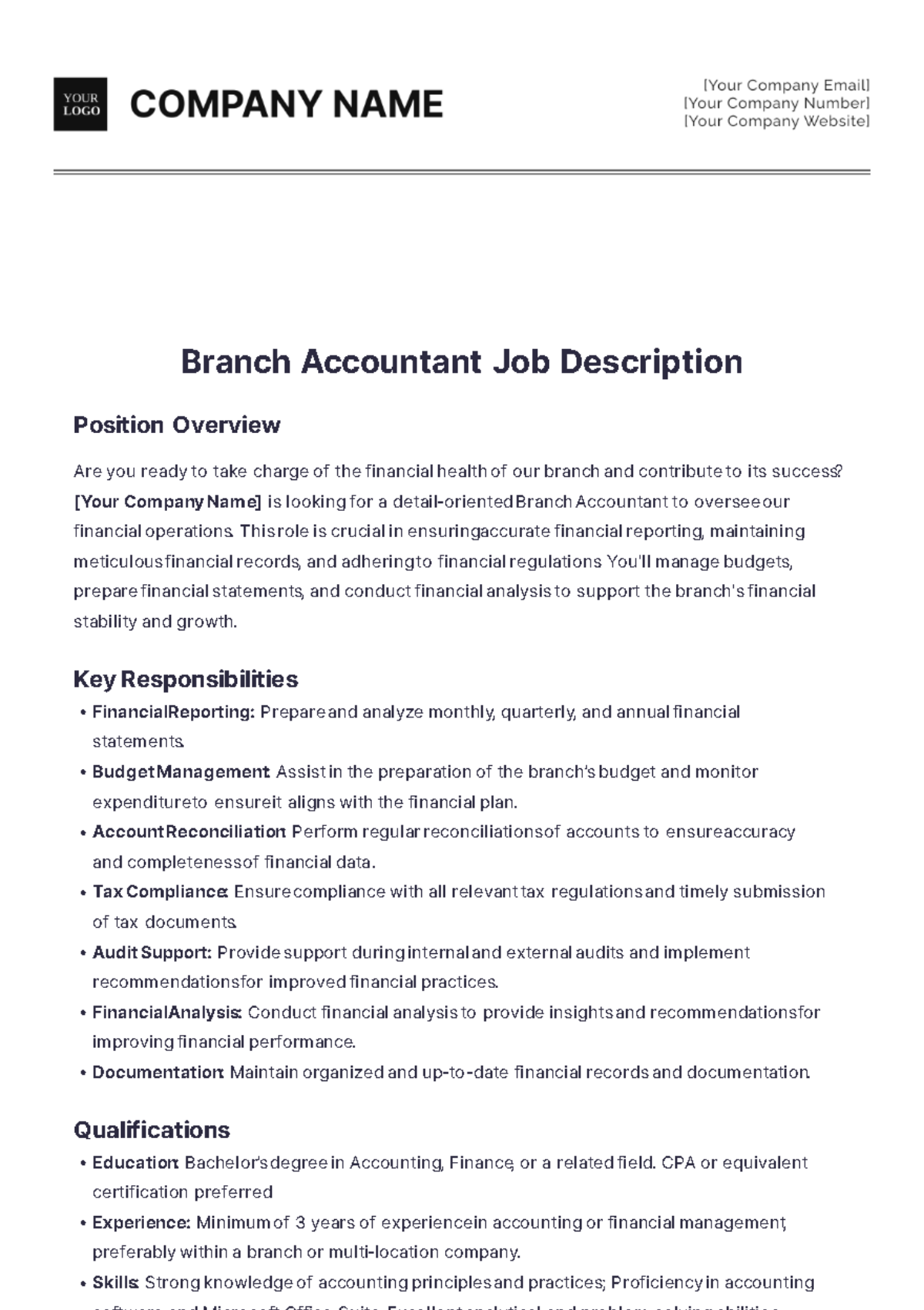 Branch Accountant Job Description Template - Edit Online & Download