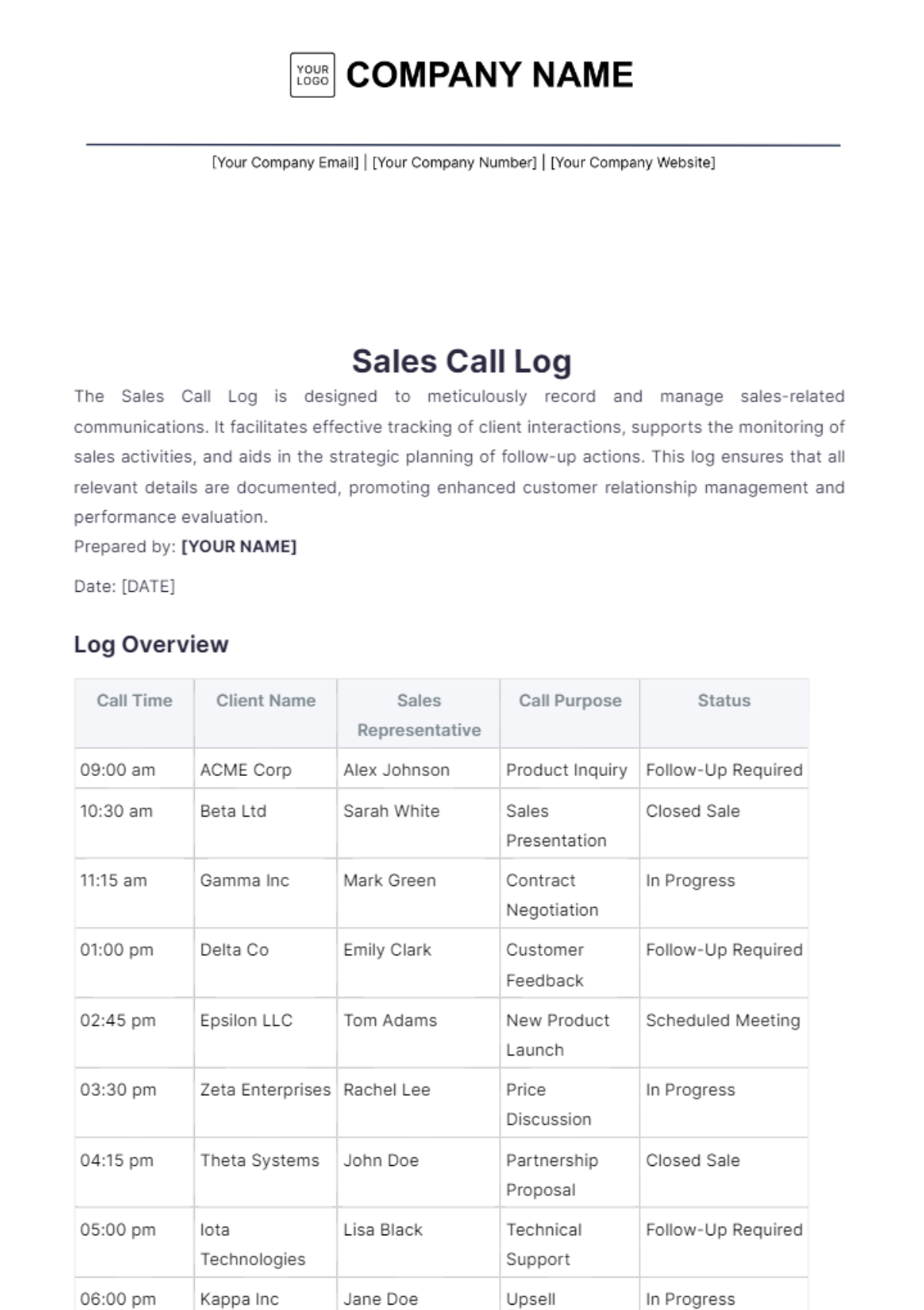 Sales Call Log Template - Edit Online & Download