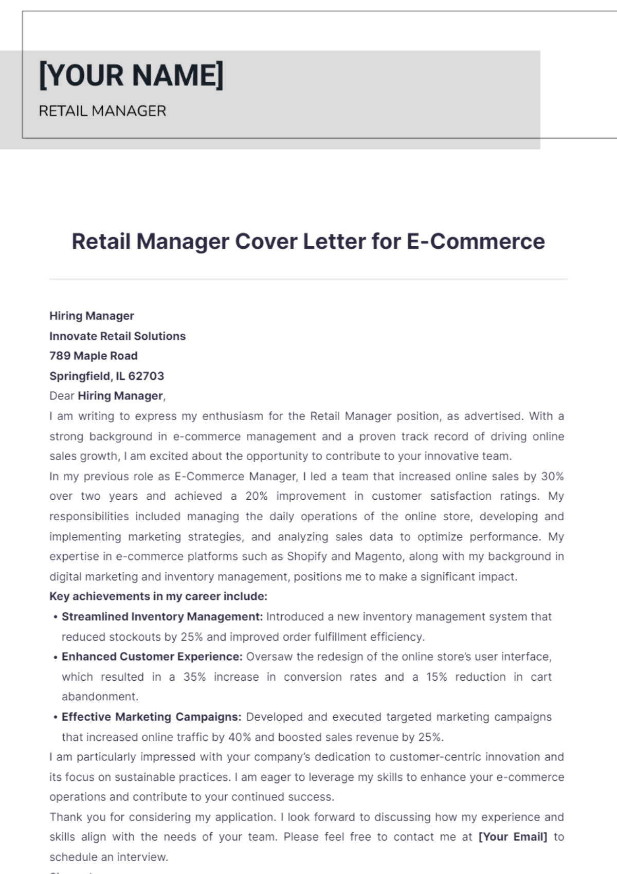 Retail Manager Cover Letter for E-Commerce - Edit Online & Download