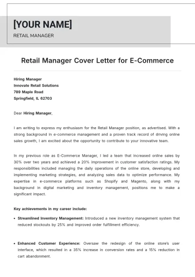 Free Retail Manager Cover Letter for E-Commerce to Edit Online