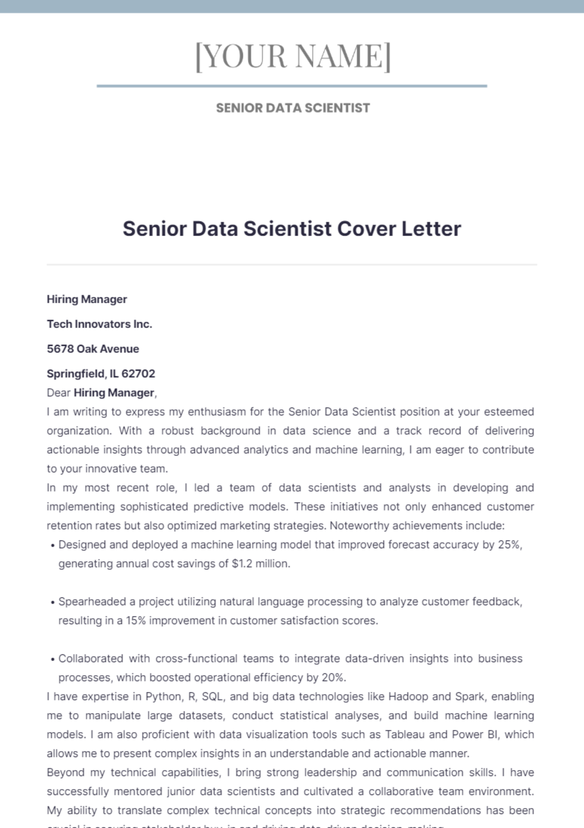 Senior Data Scientist Cover Letter - Edit Online & Download