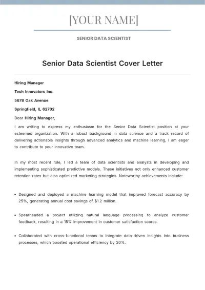 Free Senior Data Scientist Cover Letter to Edit Online