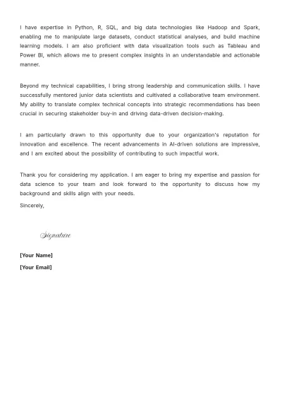 Free Senior Data Scientist Cover Letter to Edit Online
