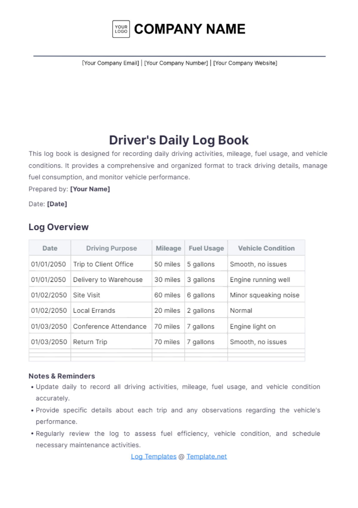 Driver's Daily Log Book Template - Edit Online & Download