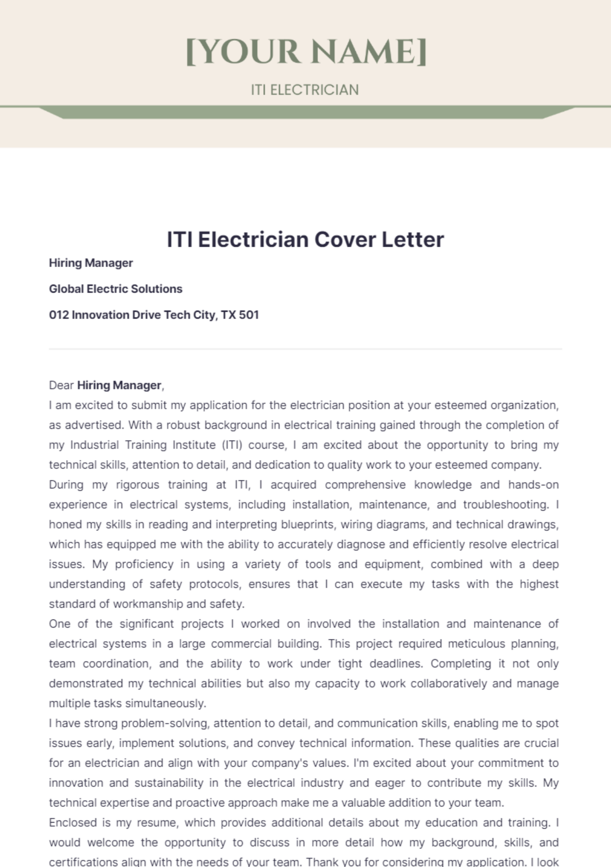 ITI Electrician Cover Letter - Edit Online & Download