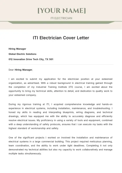 Free ITI Electrician Cover Letter to Edit Online