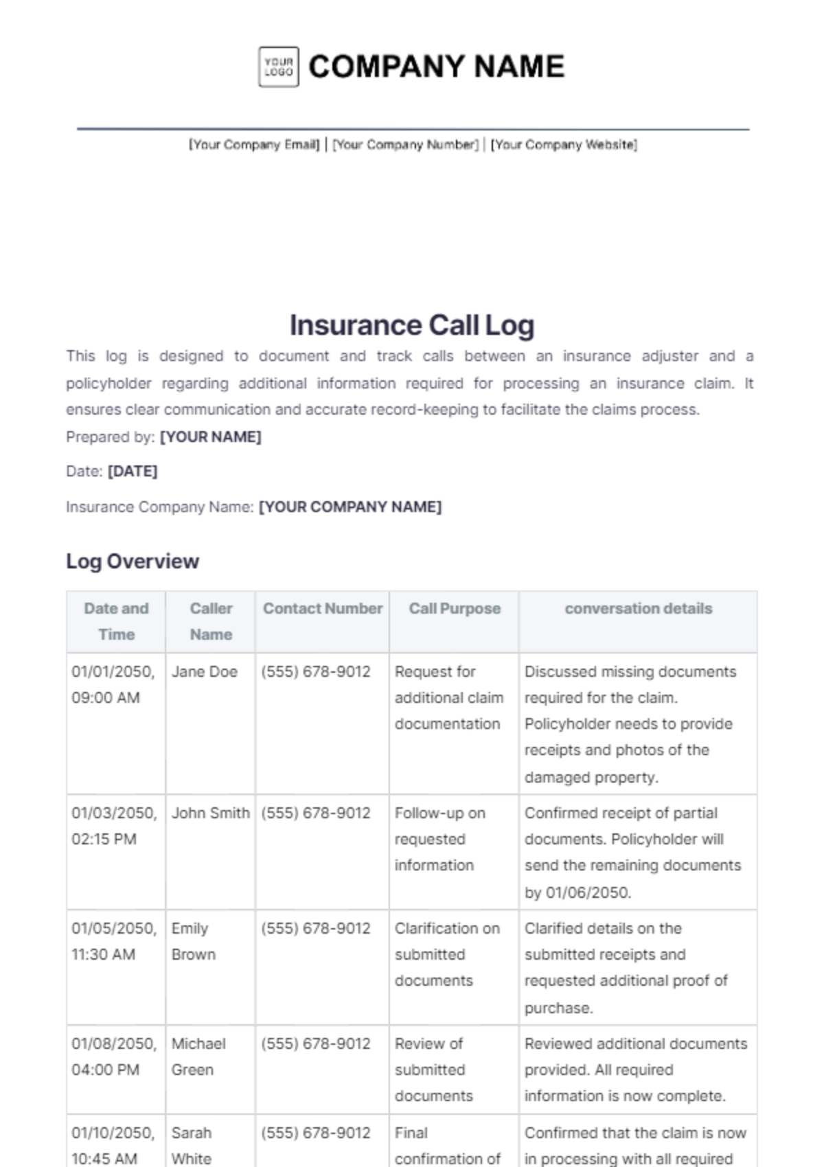 Insurance Call Log Template - Edit Online & Download