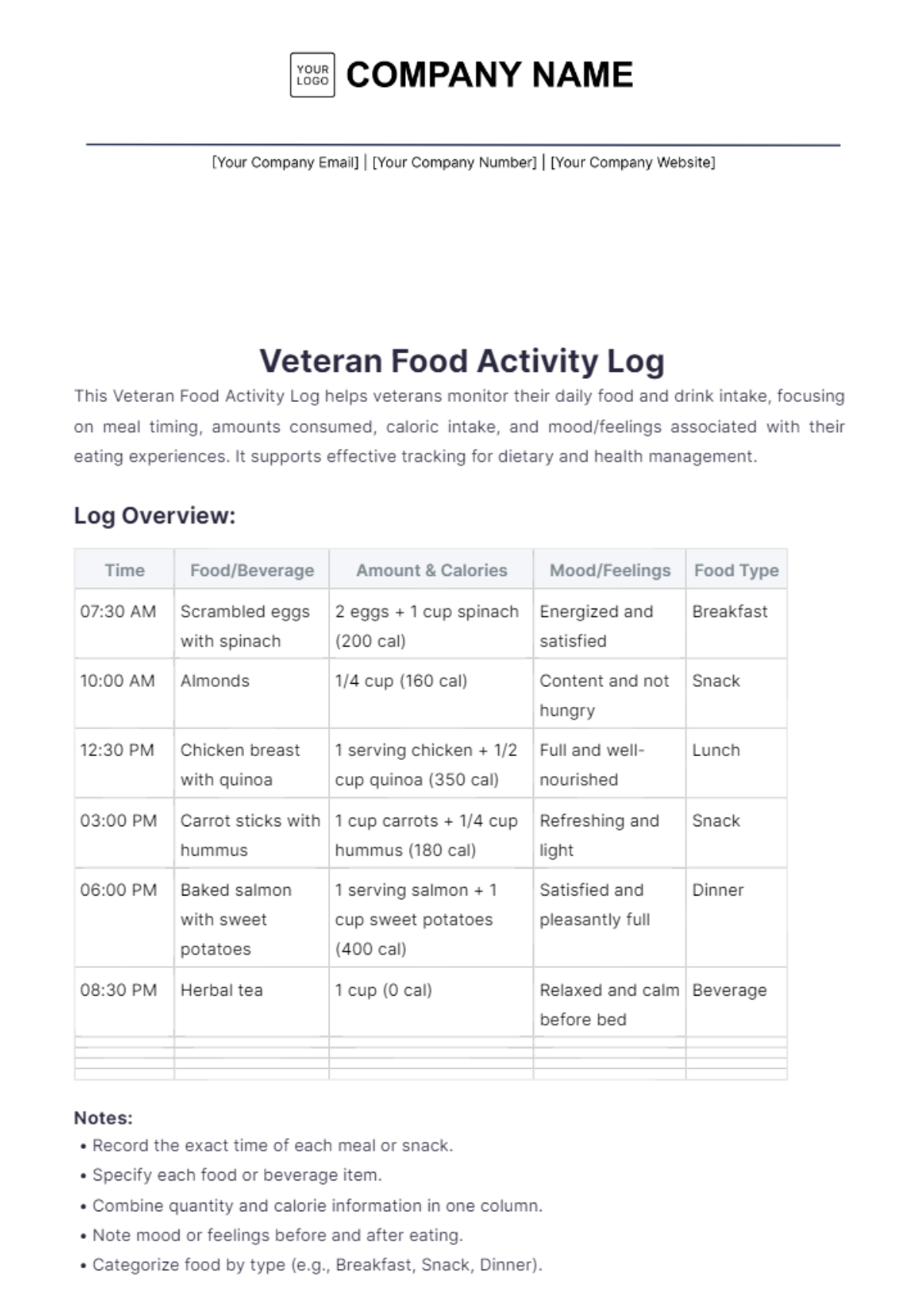 Veteran Food Activity Log Template - Edit Online & Download