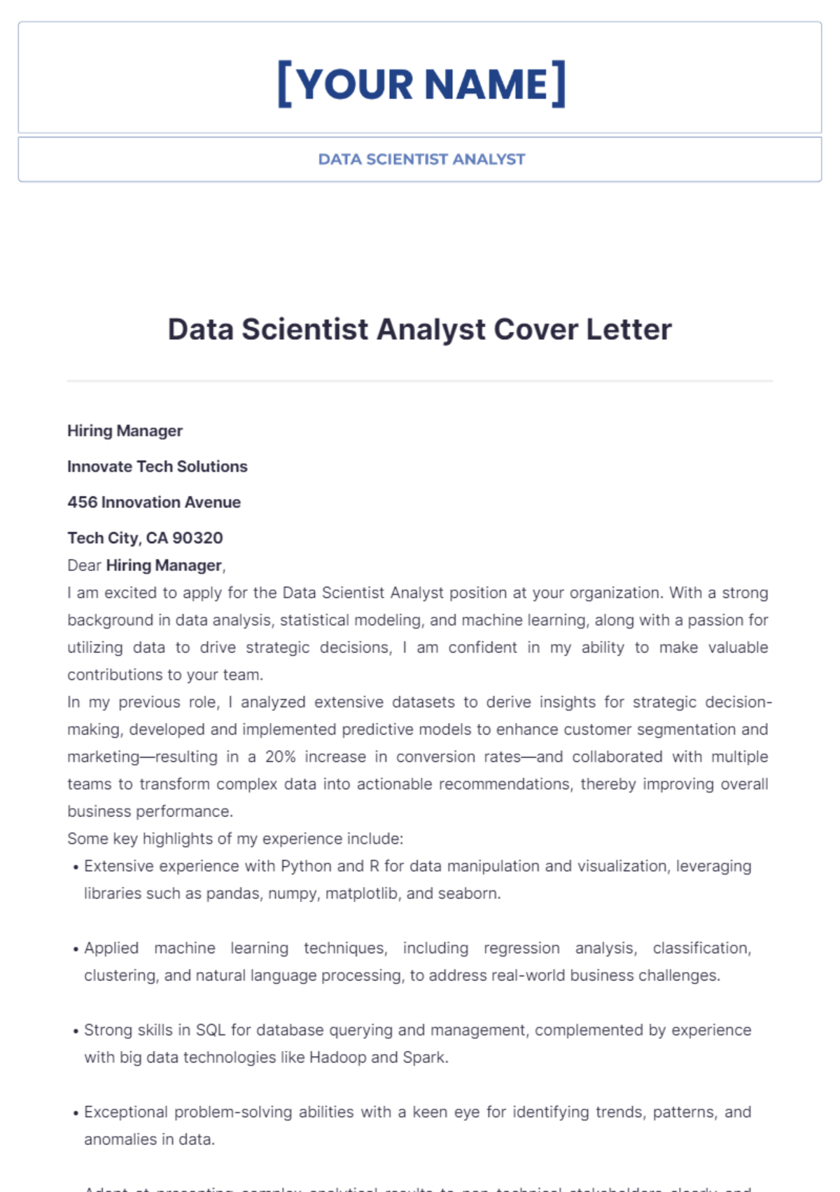 Data Scientist Analyst Cover Letter - Edit Online & Download