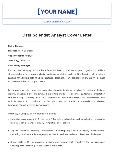 Free Data Scientist Analyst Cover Letter to Edit Online