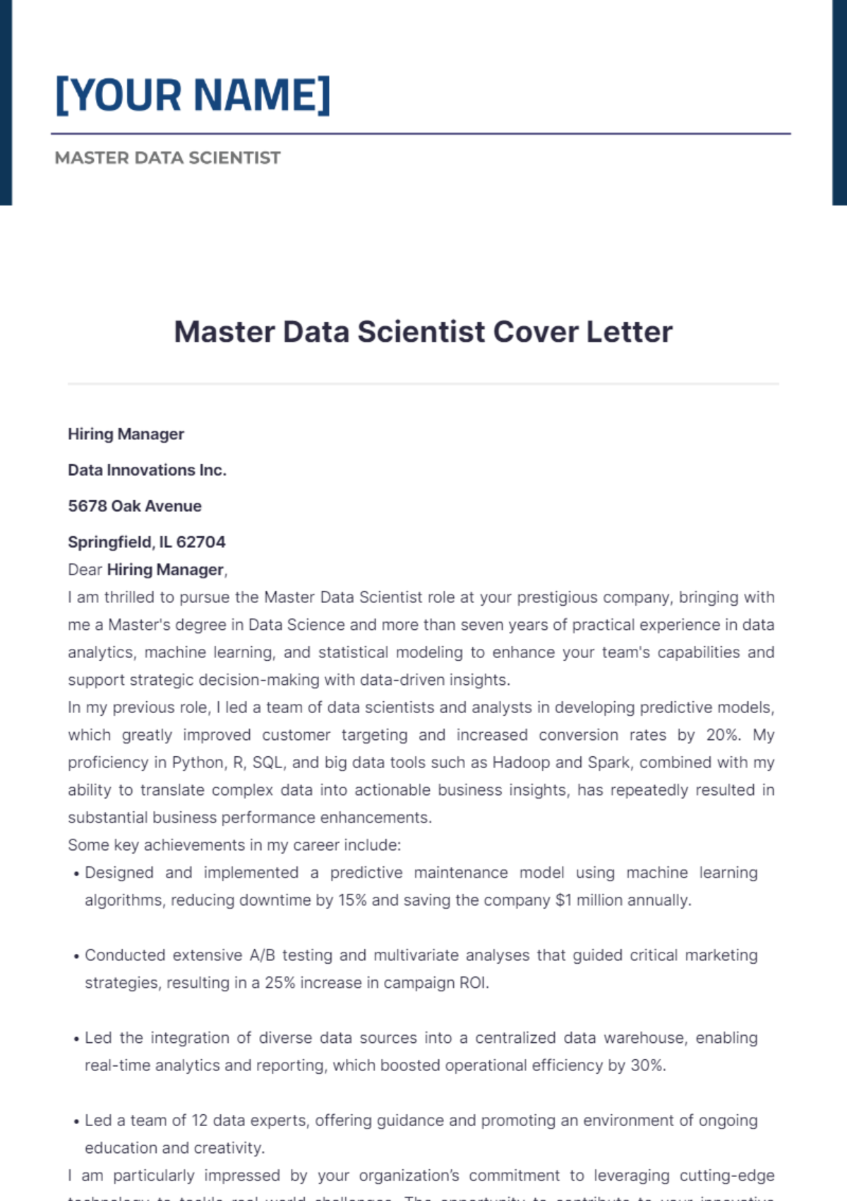 Master Data Scientist Cover Letter - Edit Online & Download