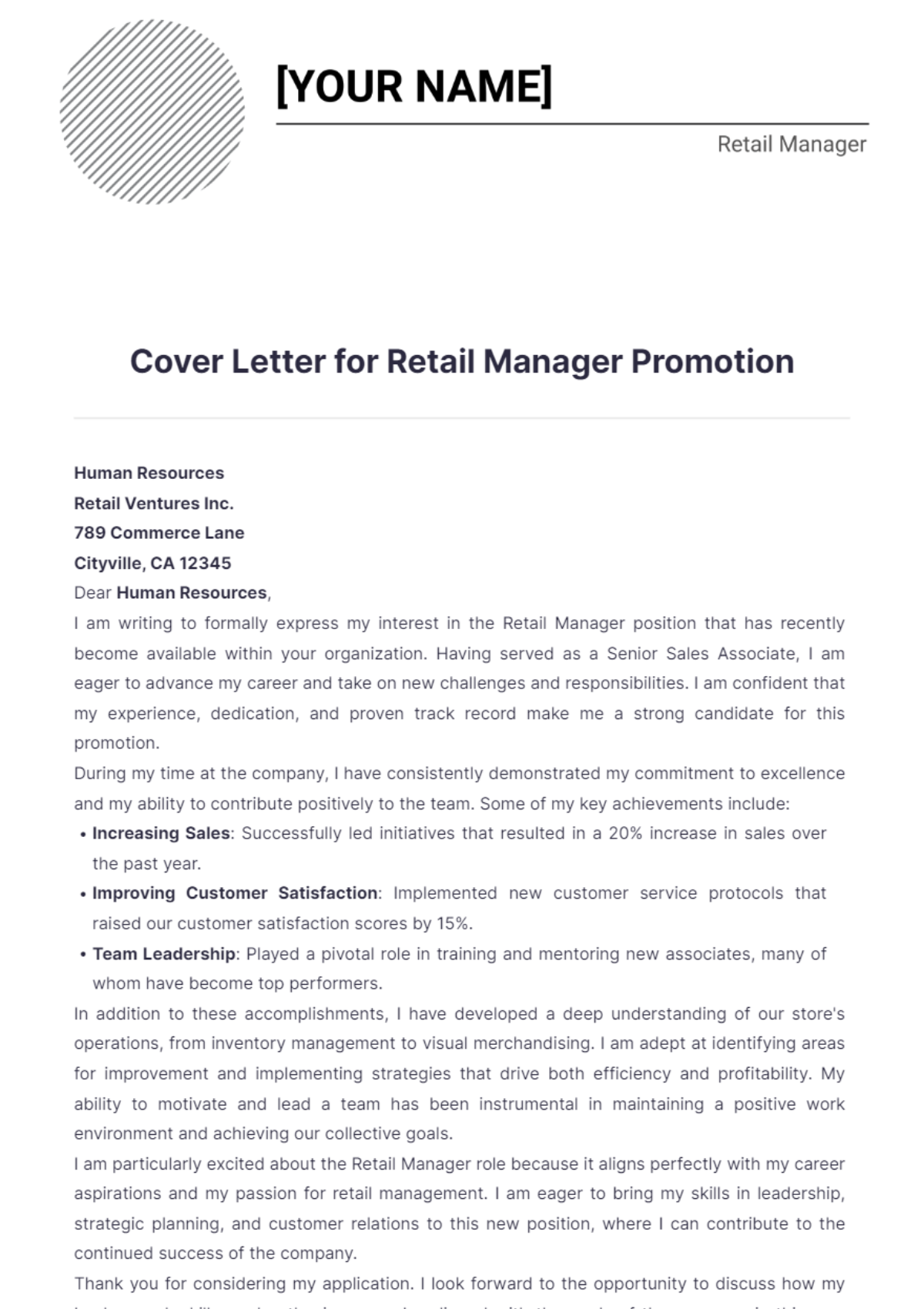 Cover Letter for Retail Manager Promotion - Edit Online & Download