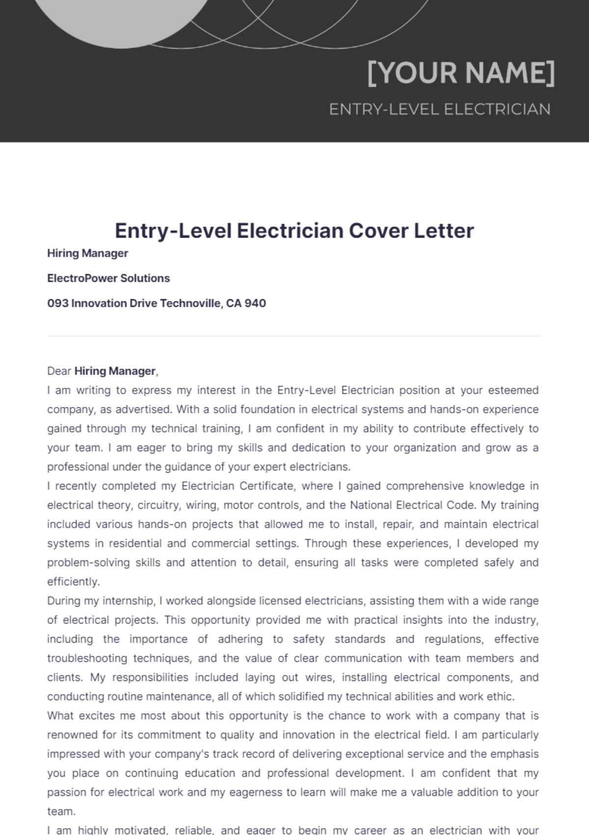 Entry-Level Electrician Cover Letter - Edit Online & Download