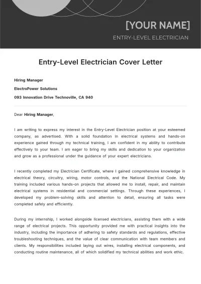 Free Entry-Level Electrician Cover Letter to Edit Online