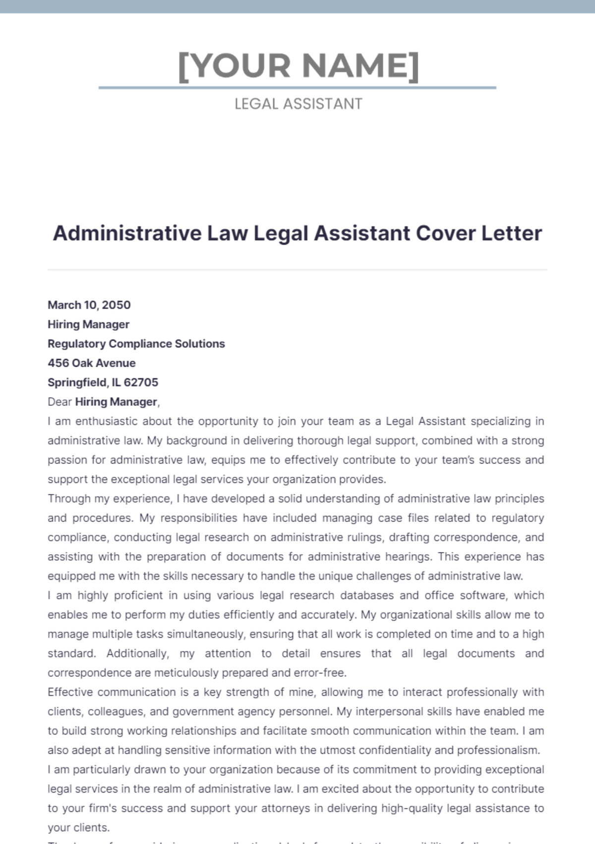 Administrative Law Legal Assistant Cover Letter - Edit Online & Download