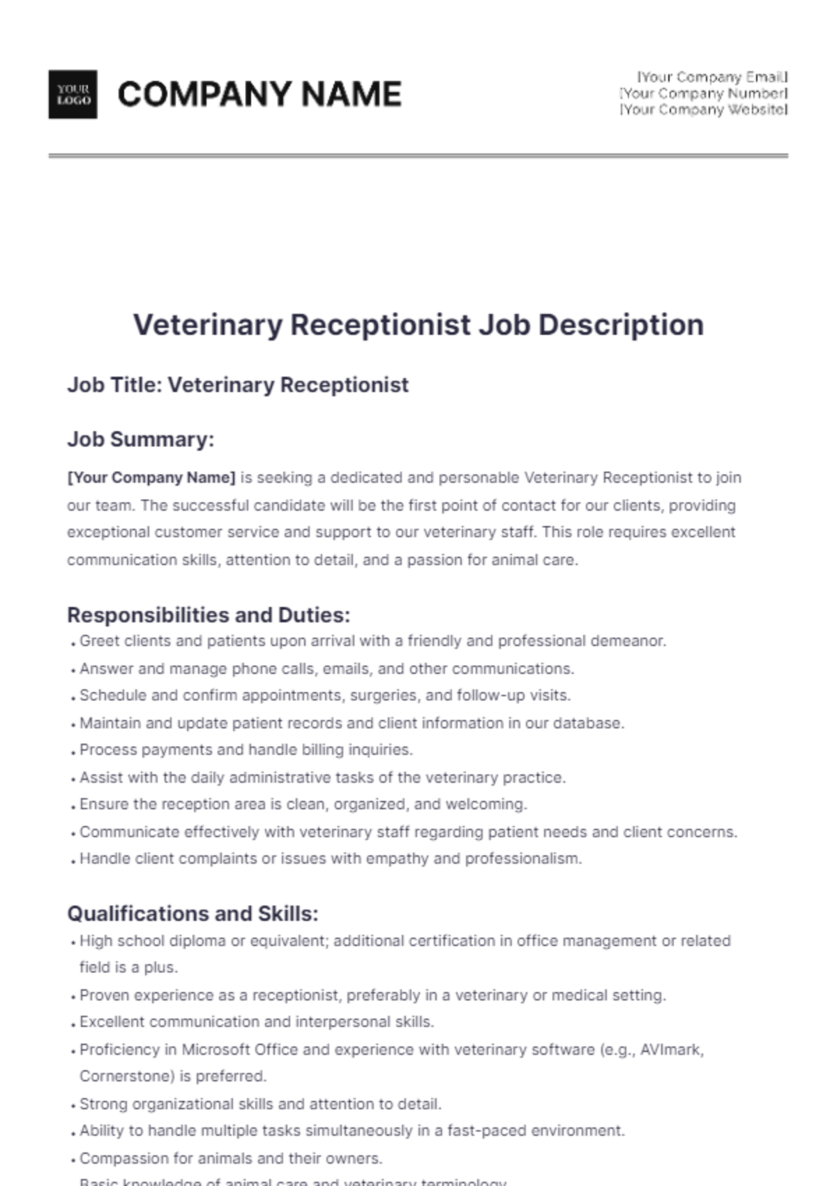 Veterinary Receptionist Job Description Template - Edit Online & Download