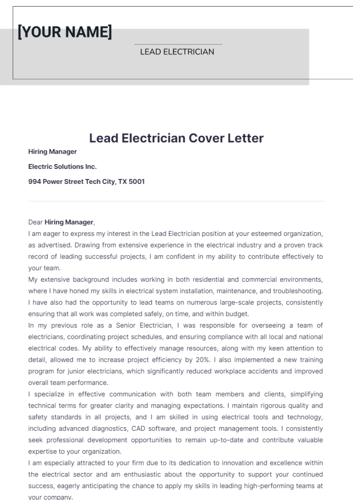 Lead Electrician Cover Letter - Edit Online & Download