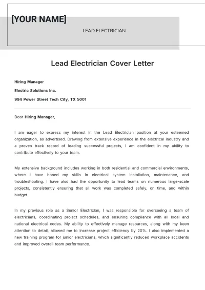 Free Lead Electrician Cover Letter to Edit Online