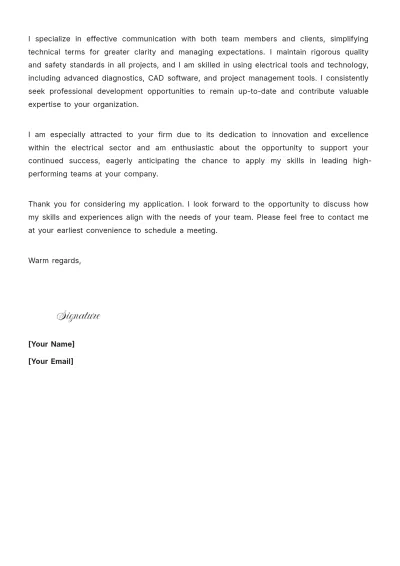 Free Lead Electrician Cover Letter to Edit Online