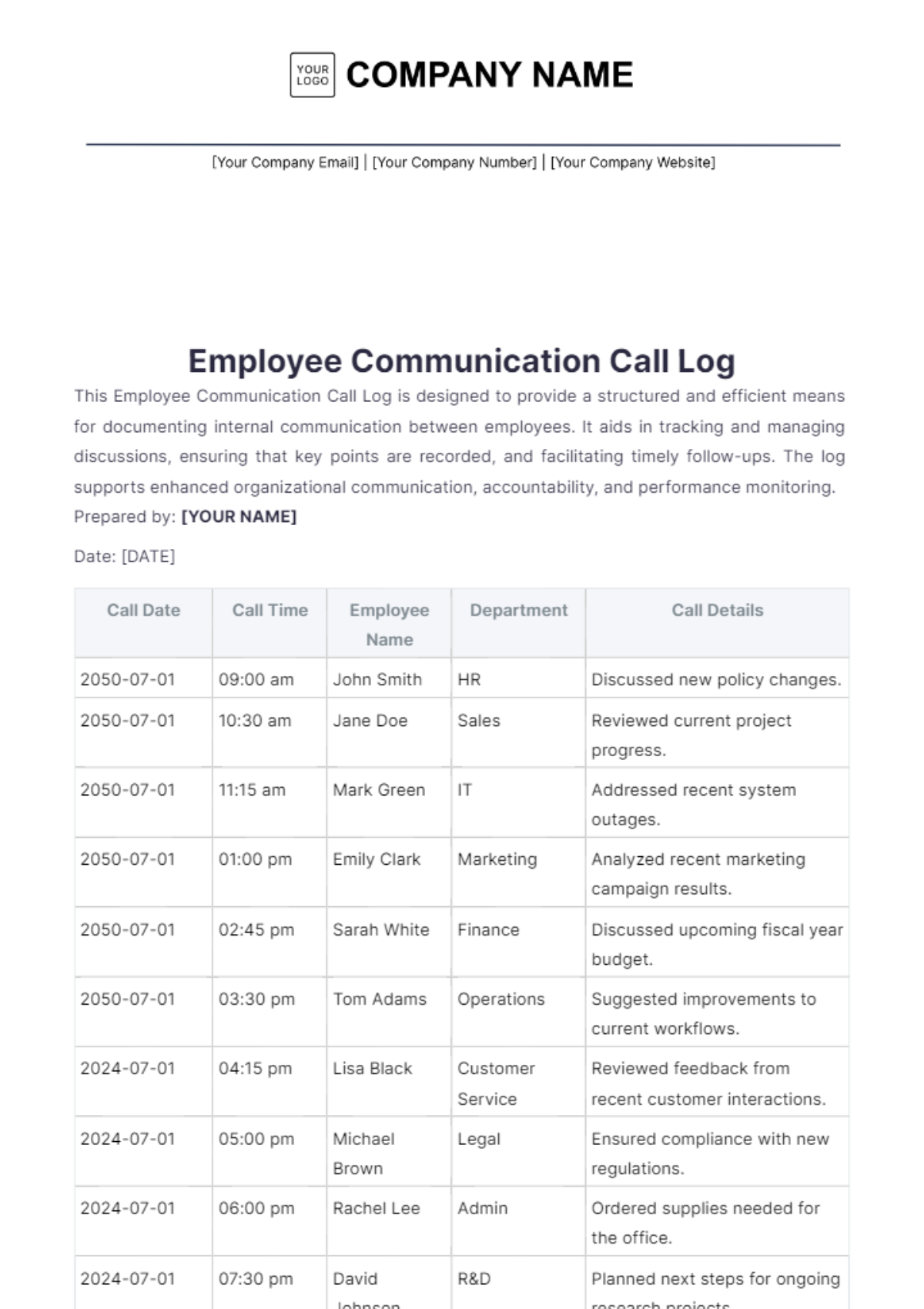 Employee Communication Call Log Template - Edit Online & Download