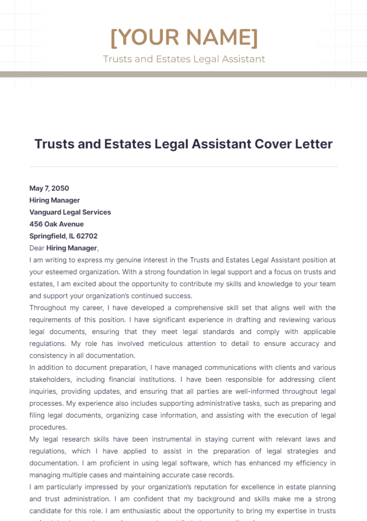 Trusts and Estates Legal Assistant Cover Letter - Edit Online & Download