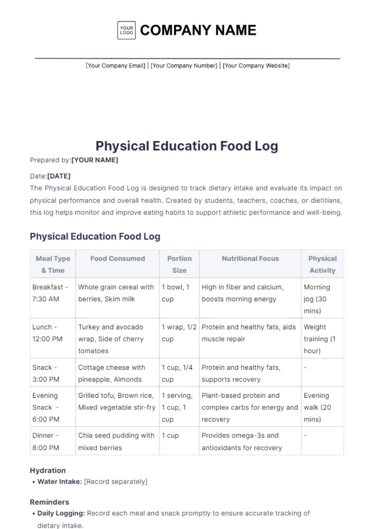 Physical Education Food Log Template - Edit Online & Download